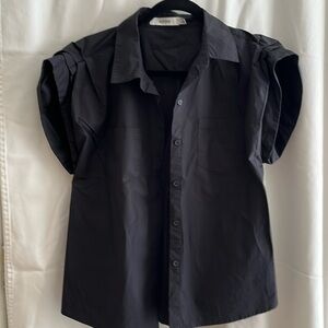 Black button down shirt. Ruched sleeves.